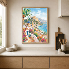 Costa Blanca Altea blue-domed church and coast watercolour art print framed print in a kitchen