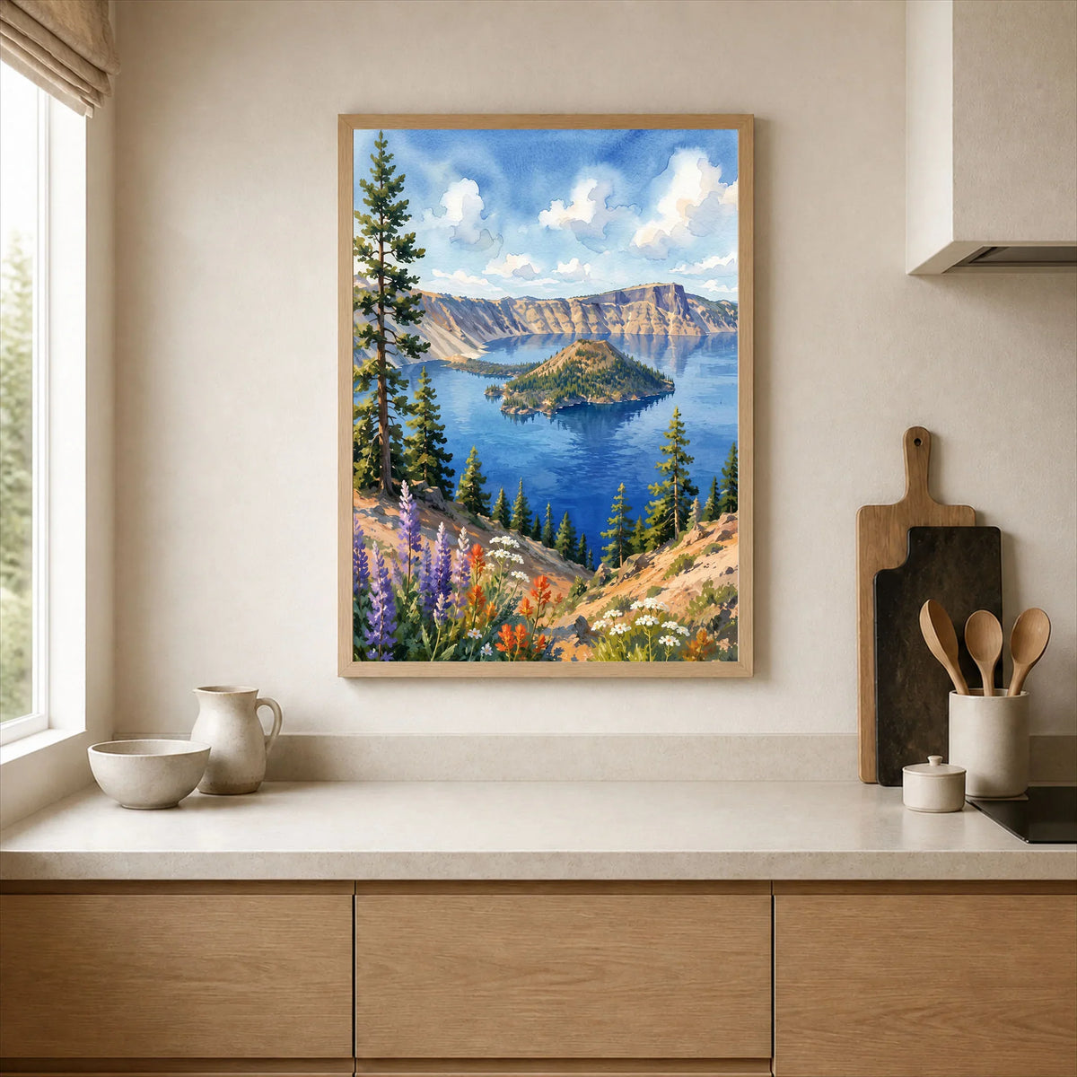 Crater Lake National Park Wizard Island in the deep blue lake watercolour art print framed print in a kitchen