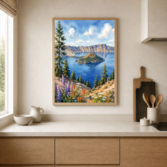 Crater Lake National Park Wizard Island in the deep blue lake watercolour art print framed print in a kitchen
