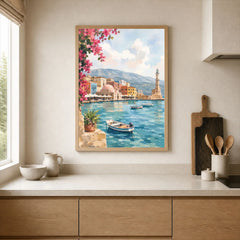 Crete Chania Venetian harbour and lighthouse watercolour art print framed print in a kitchen
