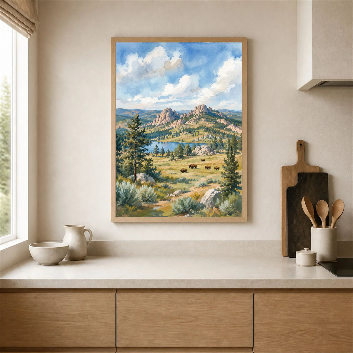 Custer State Park bison grazing below the Black Hills watercolour art print framed print in a kitchen