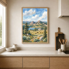 Custer State Park bison grazing below the Black Hills watercolour art print framed print in a kitchen