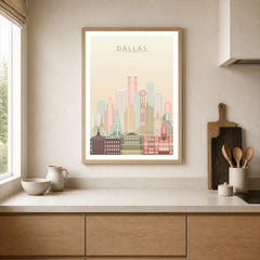 Dallas city skyline art print, framed print in a kitchen
