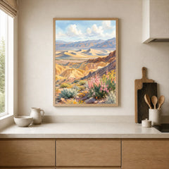 Death Valley National Park sand dunes and golden hills watercolour art print framed print in a kitchen