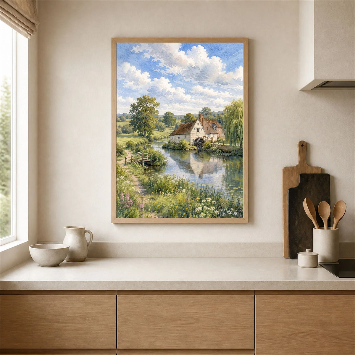 Dedham Vale watermill on the river watercolour art print framed print in a kitchen