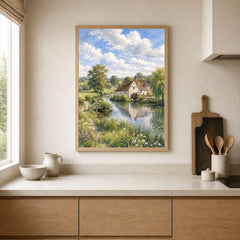 Dedham Vale watermill on the river watercolour art print framed print in a kitchen