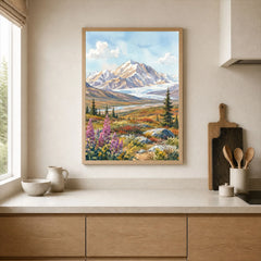 Denali National Park snow-capped Denali peak watercolour art print framed print in a kitchen