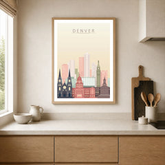 Denver city skyline art print, framed print in a kitchen