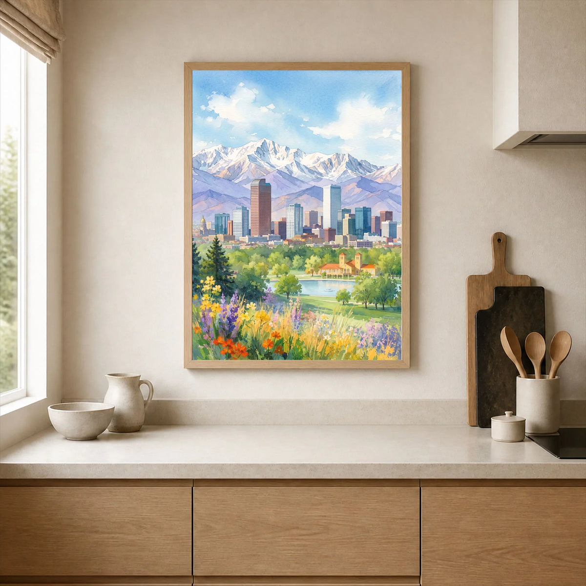 Denver skyline and Rocky Mountains watercolour art print framed print in a kitchen