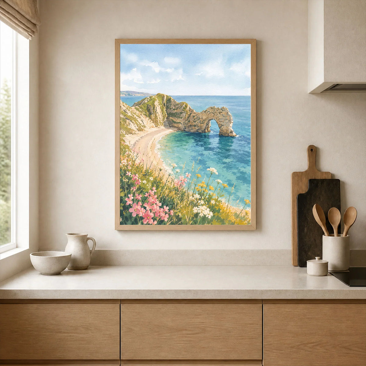 Dorset Durdle Door arch and beach watercolour art print framed print in a kitchen