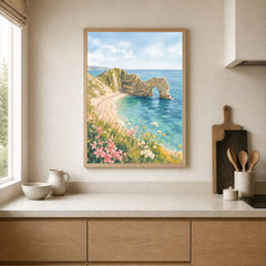 Dorset Durdle Door arch and beach watercolour art print framed print in a kitchen