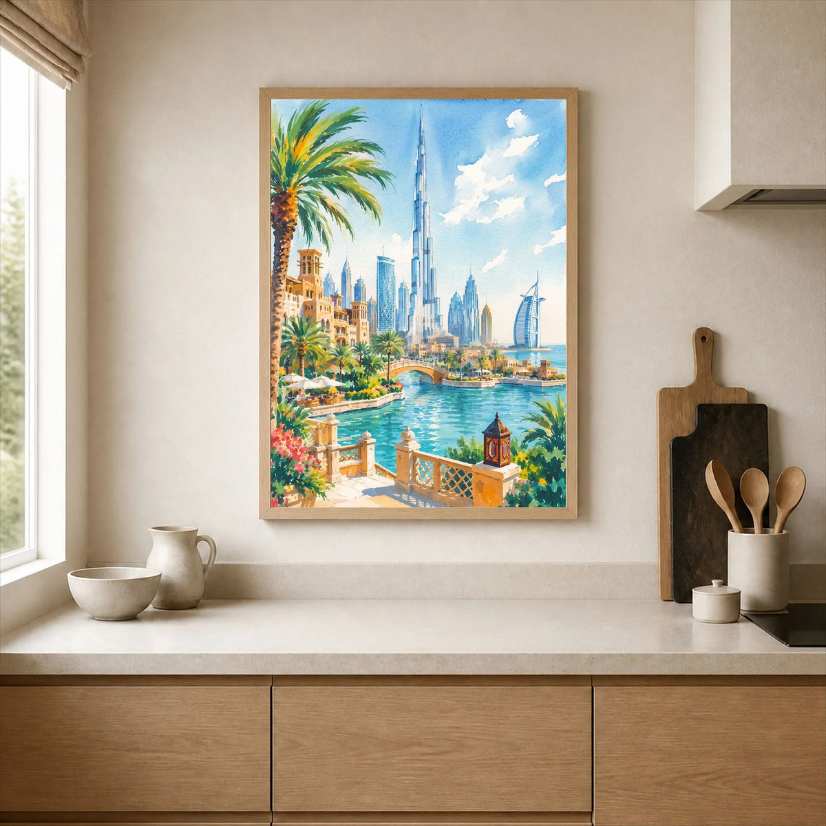 Dubai Burj Khalifa skyline watercolour art print framed print in a kitchen