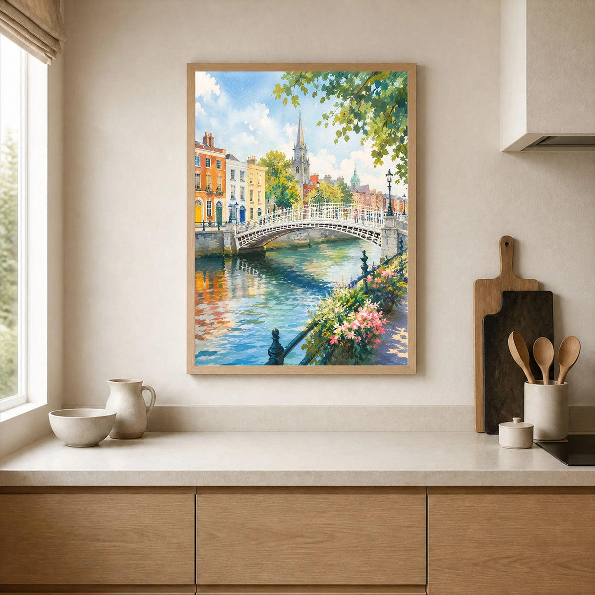 Dublin Ha'penny Bridge on the Liffey watercolour art print framed print in a kitchen
