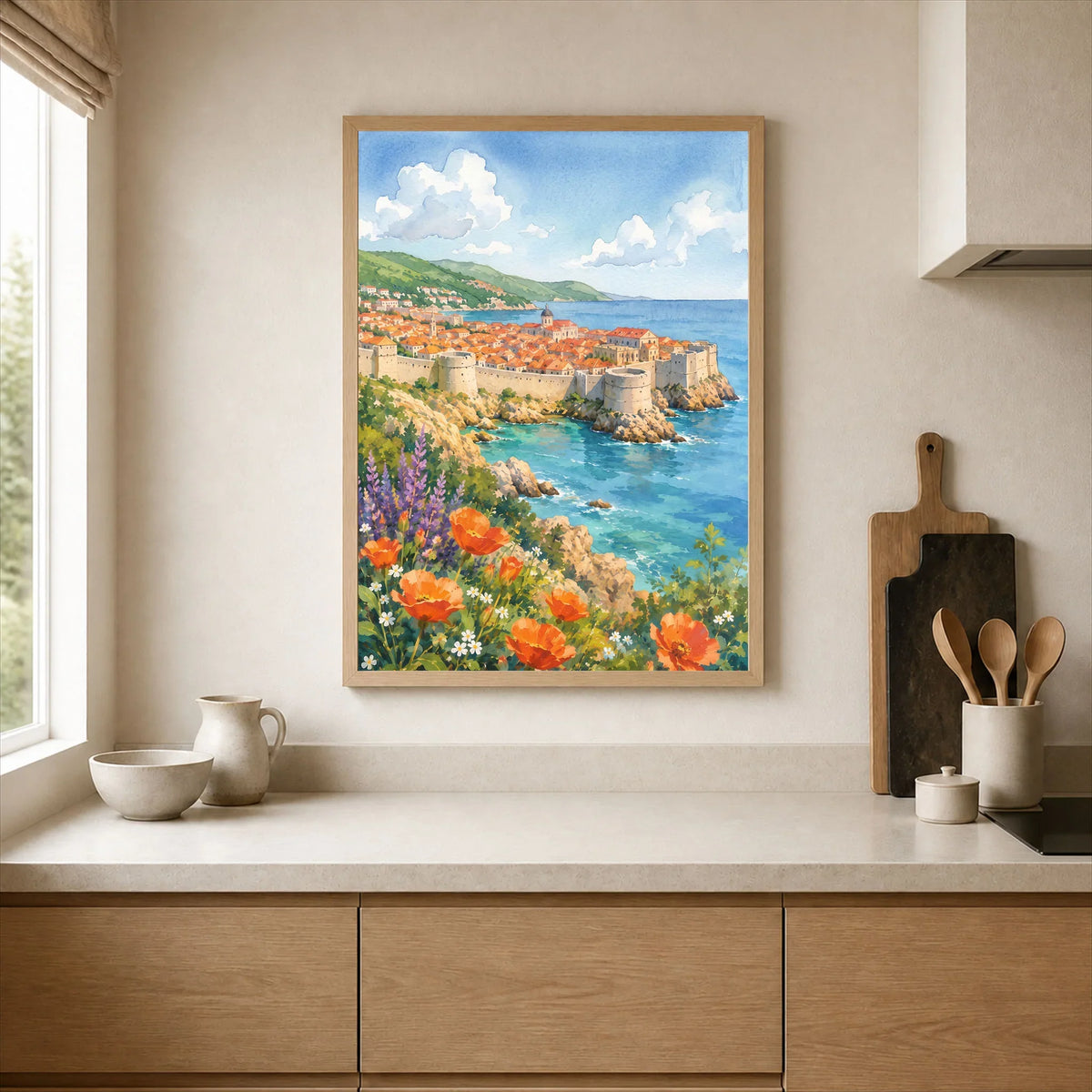 Dubrovnik old town walls and sea watercolour art print framed print in a kitchen