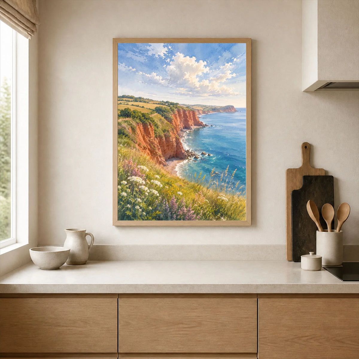 East Devon red sandstone cliffs watercolour art print framed print in a kitchen