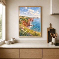 East Devon red sandstone cliffs watercolour art print framed print in a kitchen