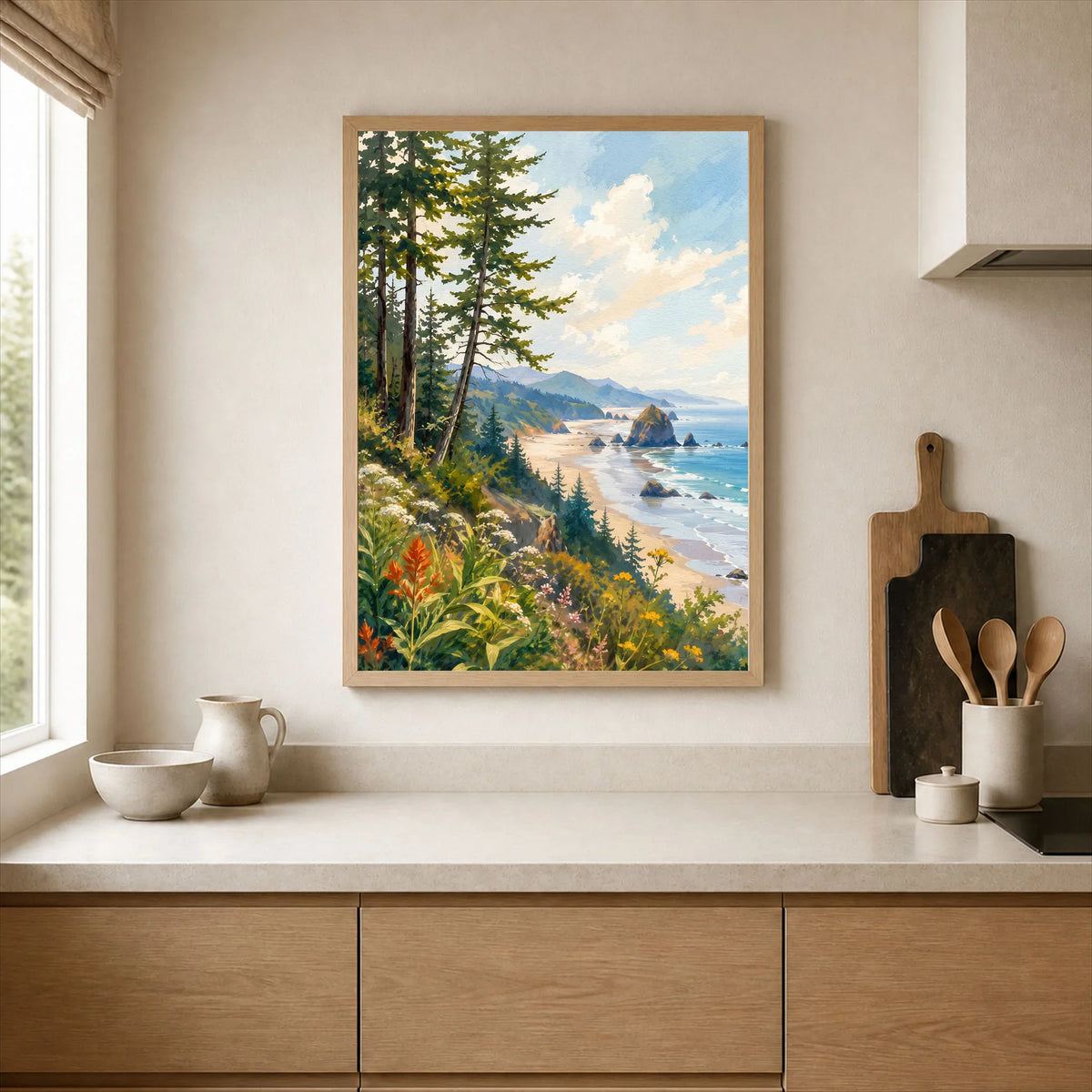 Ecola State Park Cannon Beach sea stacks watercolour art print framed print in a kitchen
