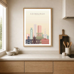 Edinburgh city skyline art print, framed print in a kitchen