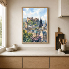 Edinburgh castle and Scott Monument watercolour art print framed print in a kitchen