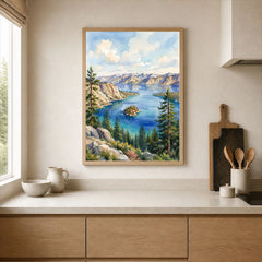 Emerald Bay State Park Fannette Island in Emerald Bay watercolour art print framed print in a kitchen