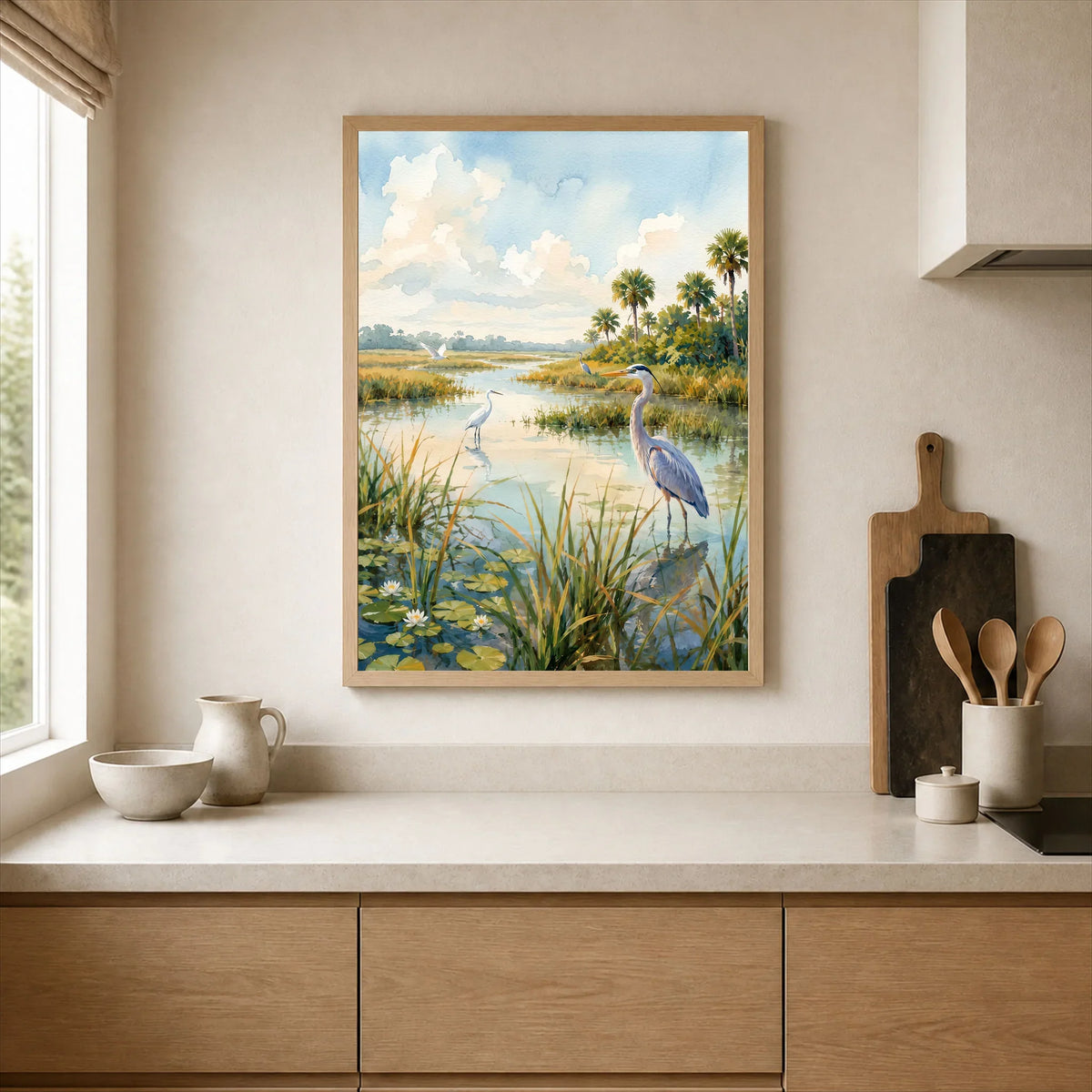 Everglades National Park herons in the wetlands watercolour art print framed print in a kitchen