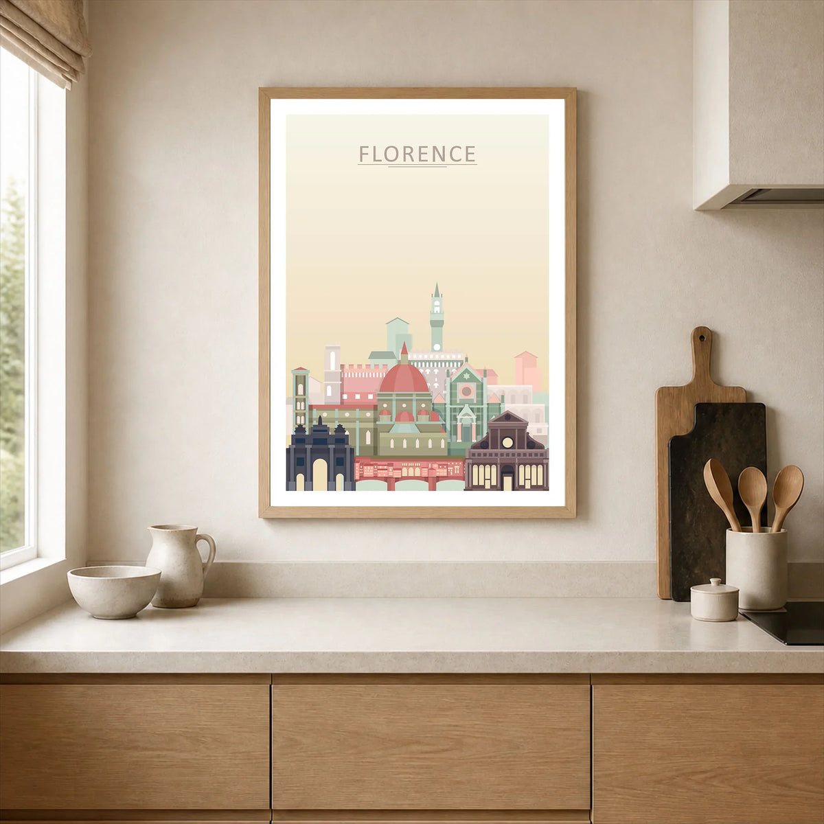 Florence city skyline art print, framed print in a kitchen