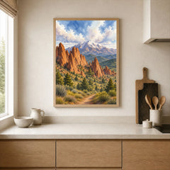 Garden of the Gods red rocks and Pikes Peak watercolour art print framed print in a kitchen
