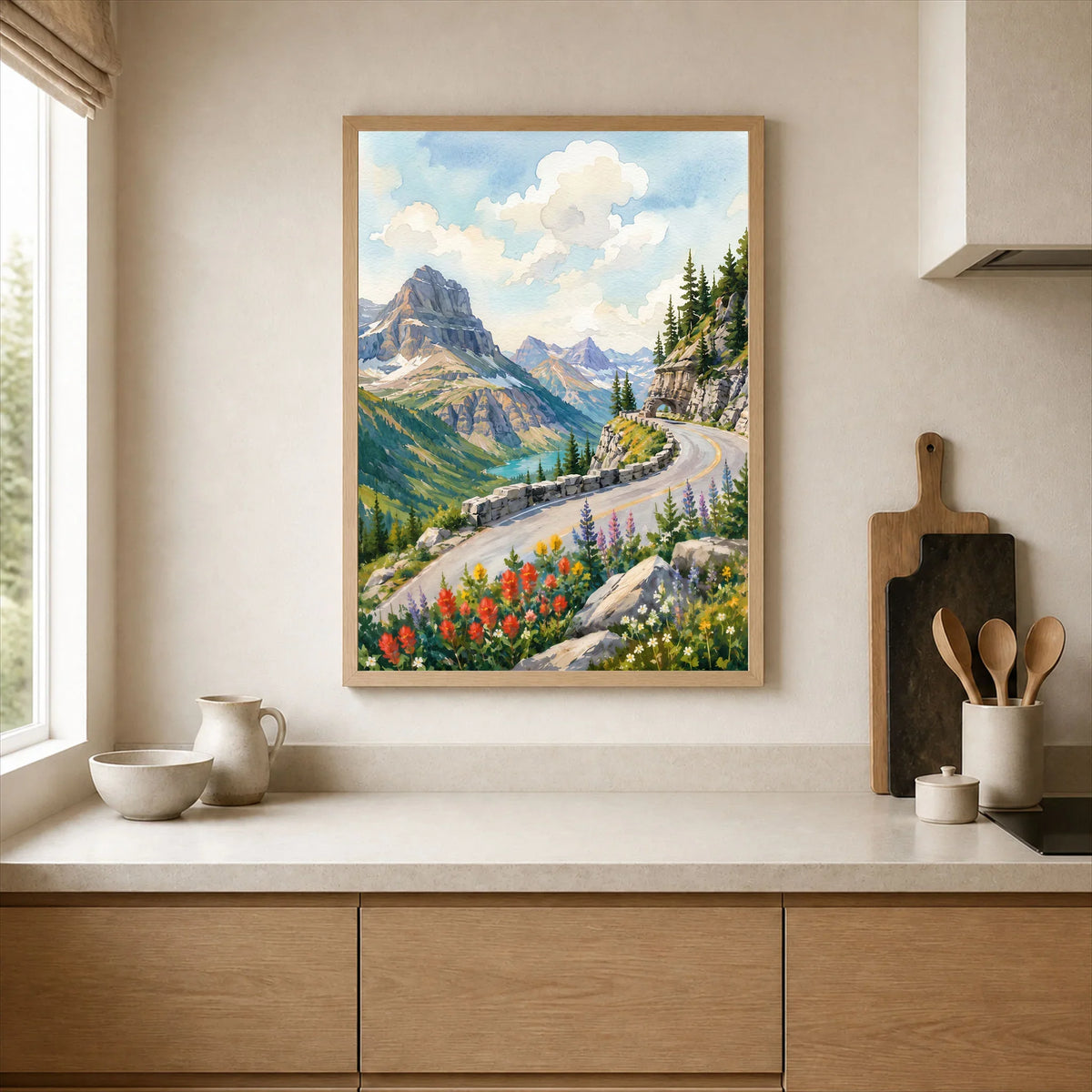 Glacier National Park Going-to-the-Sun Road watercolour art print framed print in a kitchen