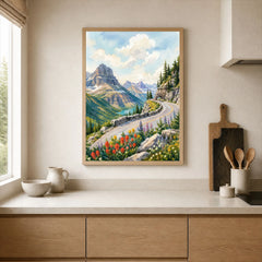Glacier National Park Going-to-the-Sun Road watercolour art print framed print in a kitchen