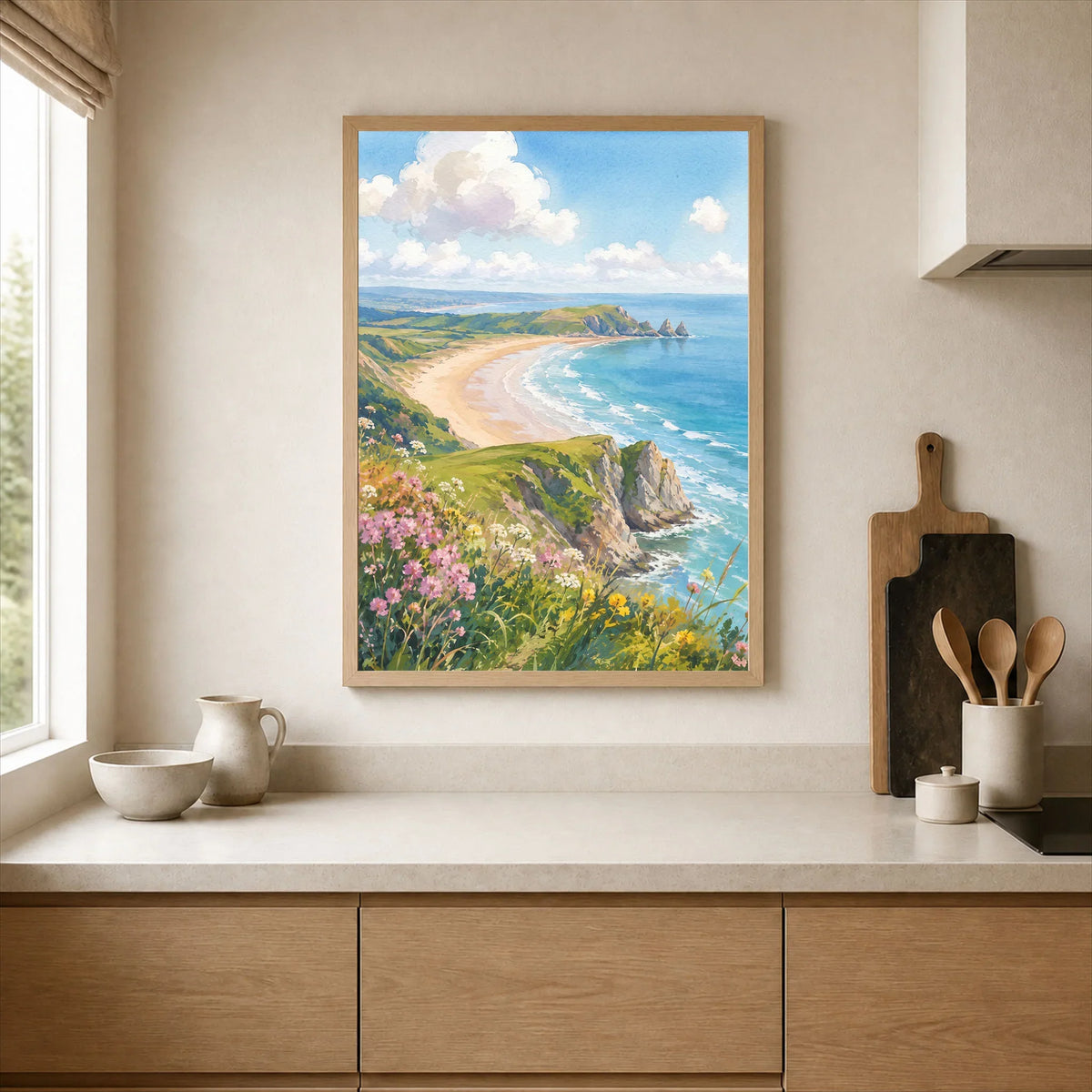 Gower sweeping bay and sea cliffs watercolour art print framed print in a kitchen