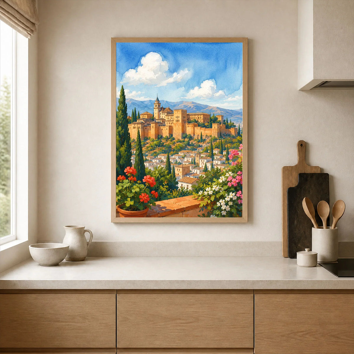 Granada Alhambra palace watercolour art print framed print in a kitchen