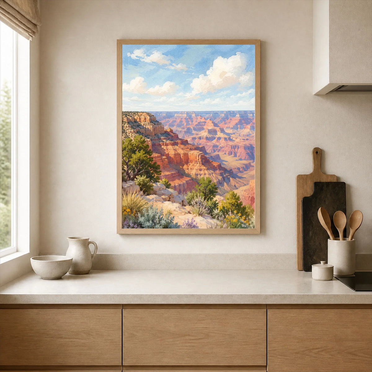 Grand Canyon National Park view from the South Rim watercolour art print framed print in a kitchen