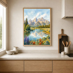 Grand Teton National Park Teton peaks over the Snake River watercolour art print framed print in a kitchen