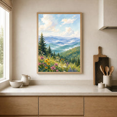 Great Smoky Mountains misty blue ridges watercolour art print framed print in a kitchen