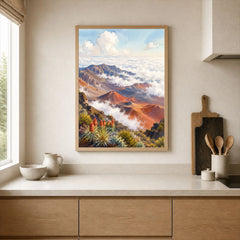 Haleakalā National Park summit crater above the clouds watercolour art print framed print in a kitchen