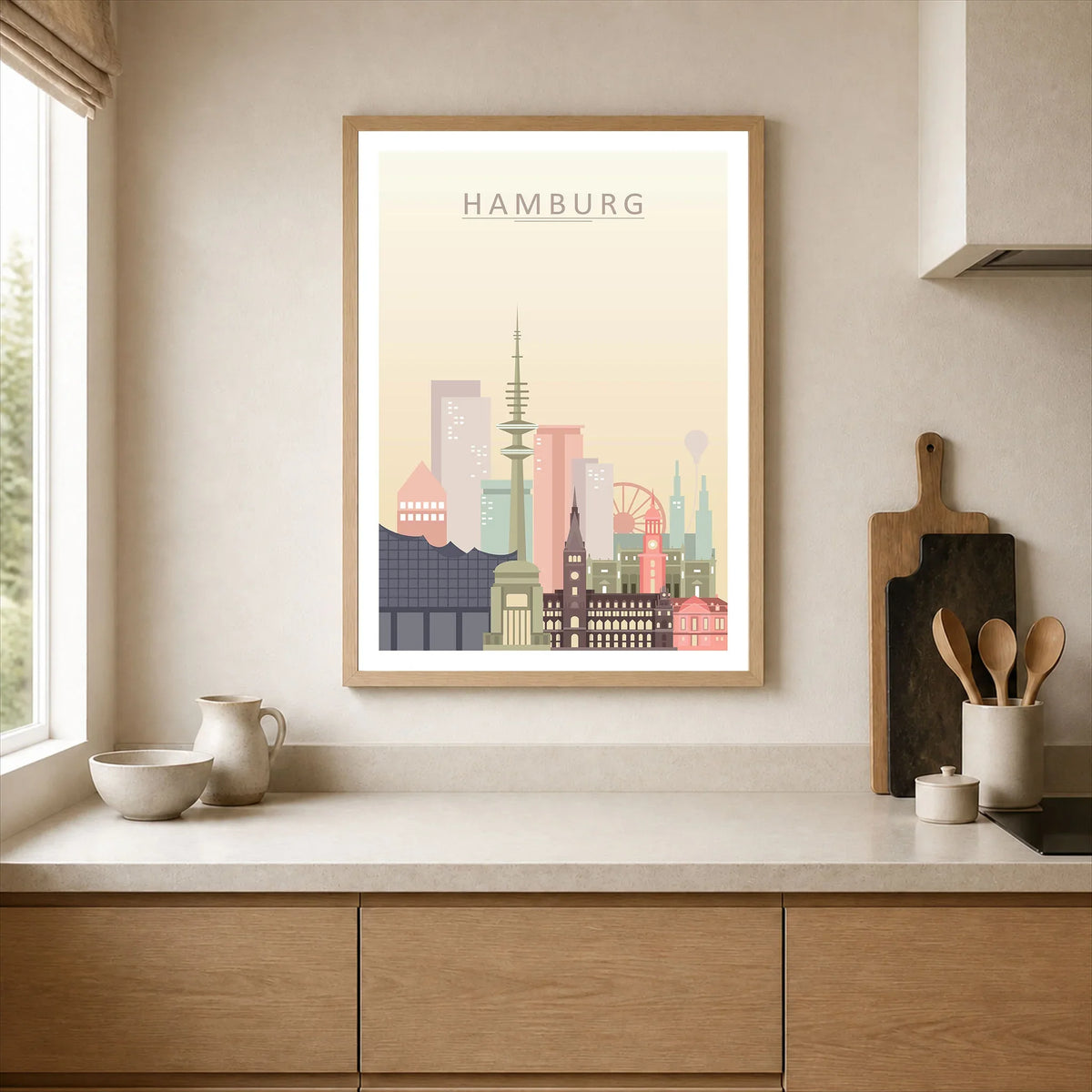 Hamburg city skyline art print, framed print in a kitchen
