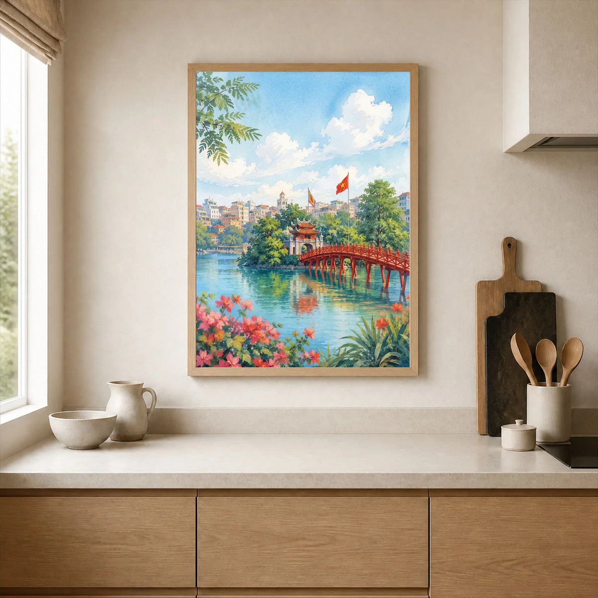 Hanoi red Huc Bridge on Hoan Kiem Lake watercolour art print framed print in a kitchen