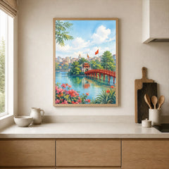 Hanoi red Huc Bridge on Hoan Kiem Lake watercolour art print framed print in a kitchen