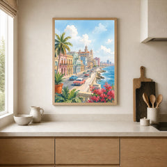 Havana Malecón seafront and classic cars watercolour art print framed print in a kitchen