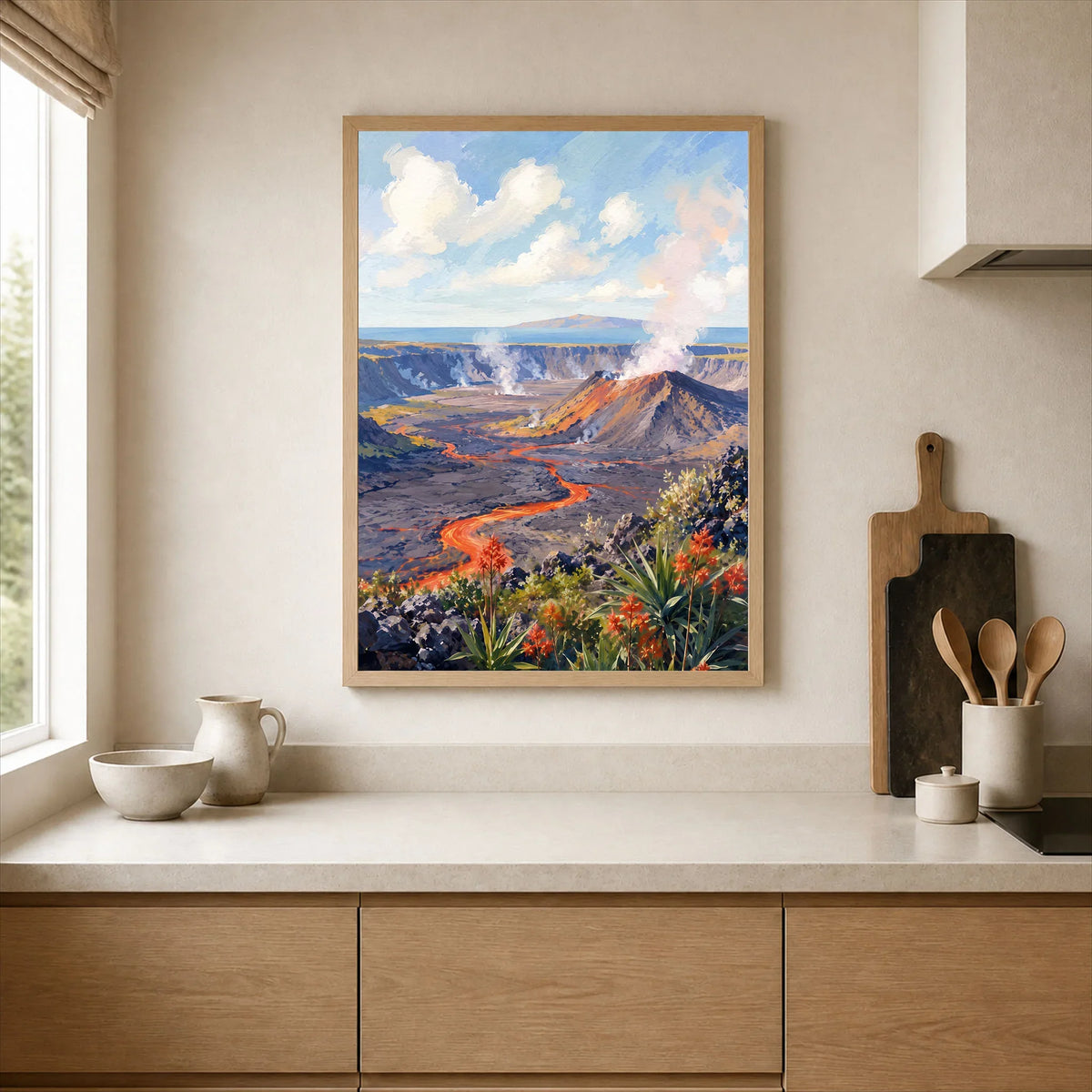 Hawaii Volcanoes National Park lava flow and steaming crater watercolour art print framed print in a kitchen
