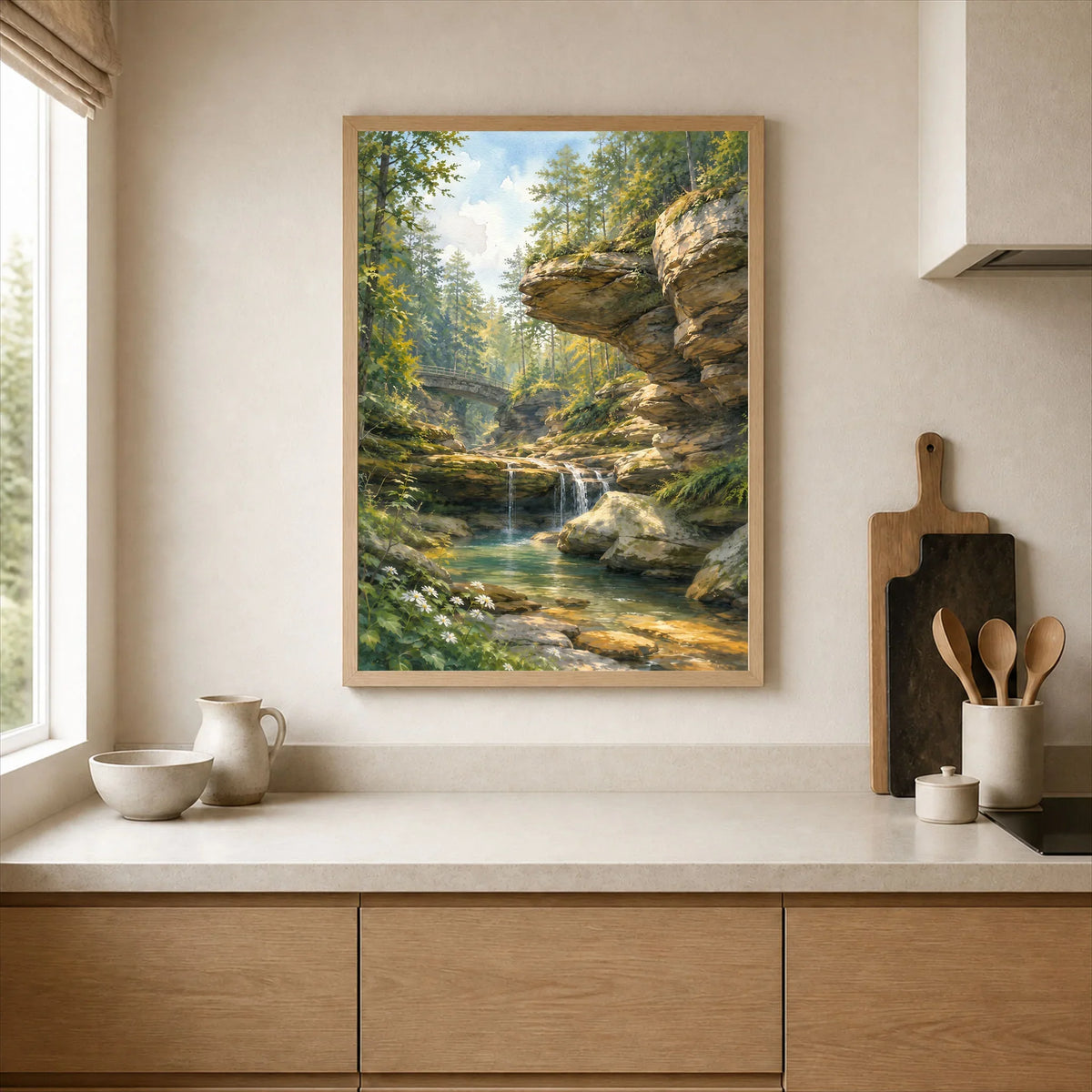 Hocking Hills State Park waterfall below sandstone cliffs watercolour art print framed print in a kitchen