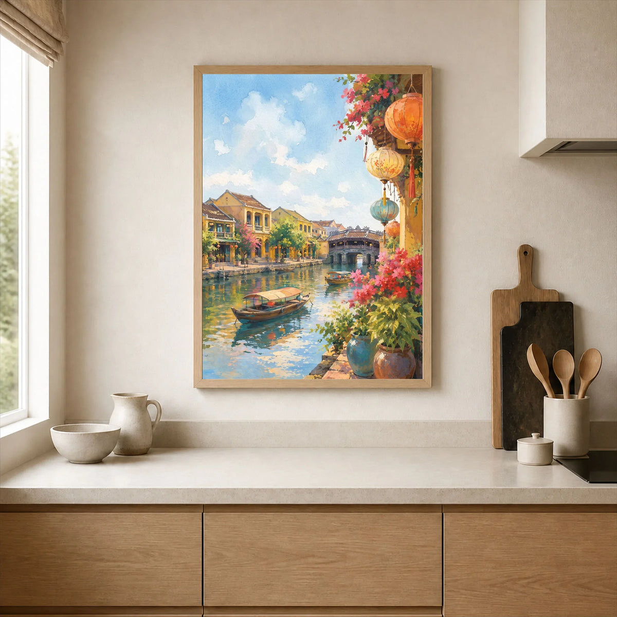 Hoi An lanterns and Japanese bridge watercolour art print framed print in a kitchen