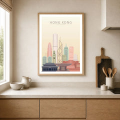 Hong Kong city skyline art print, framed print in a kitchen
