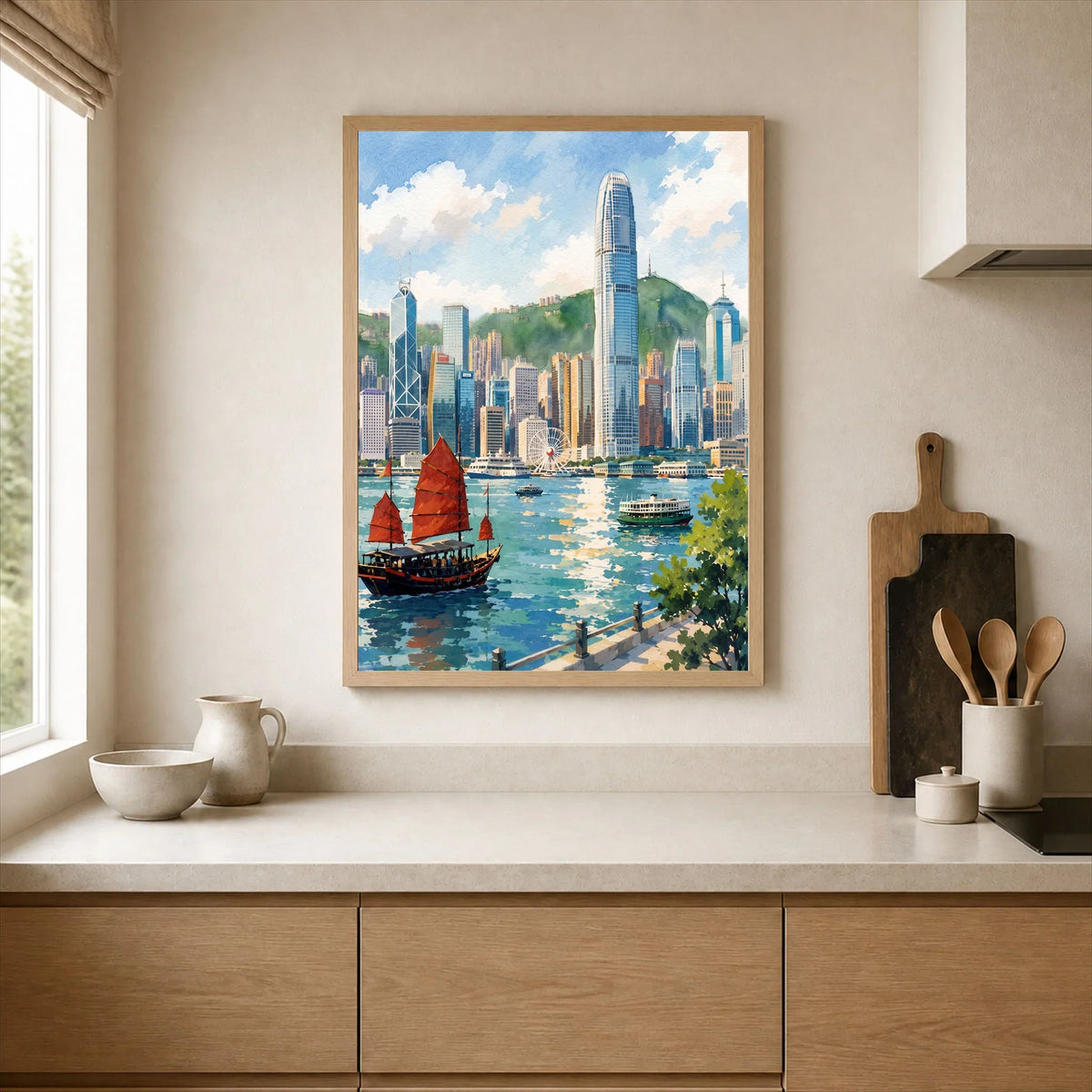 Hong Kong Victoria Harbour and junk boat watercolour art print framed print in a kitchen