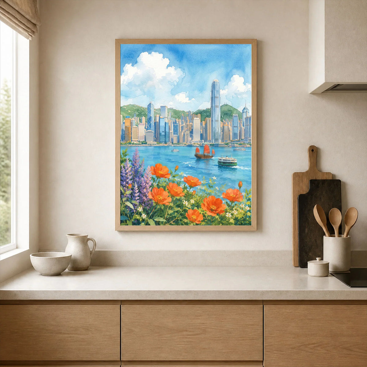 Hong Kong Victoria Harbour skyline with flowers watercolour art print framed print in a kitchen