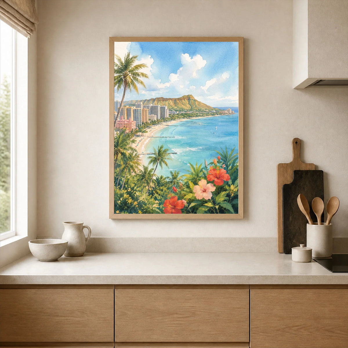 Honolulu Waikiki Beach and Diamond Head watercolour art print framed print in a kitchen