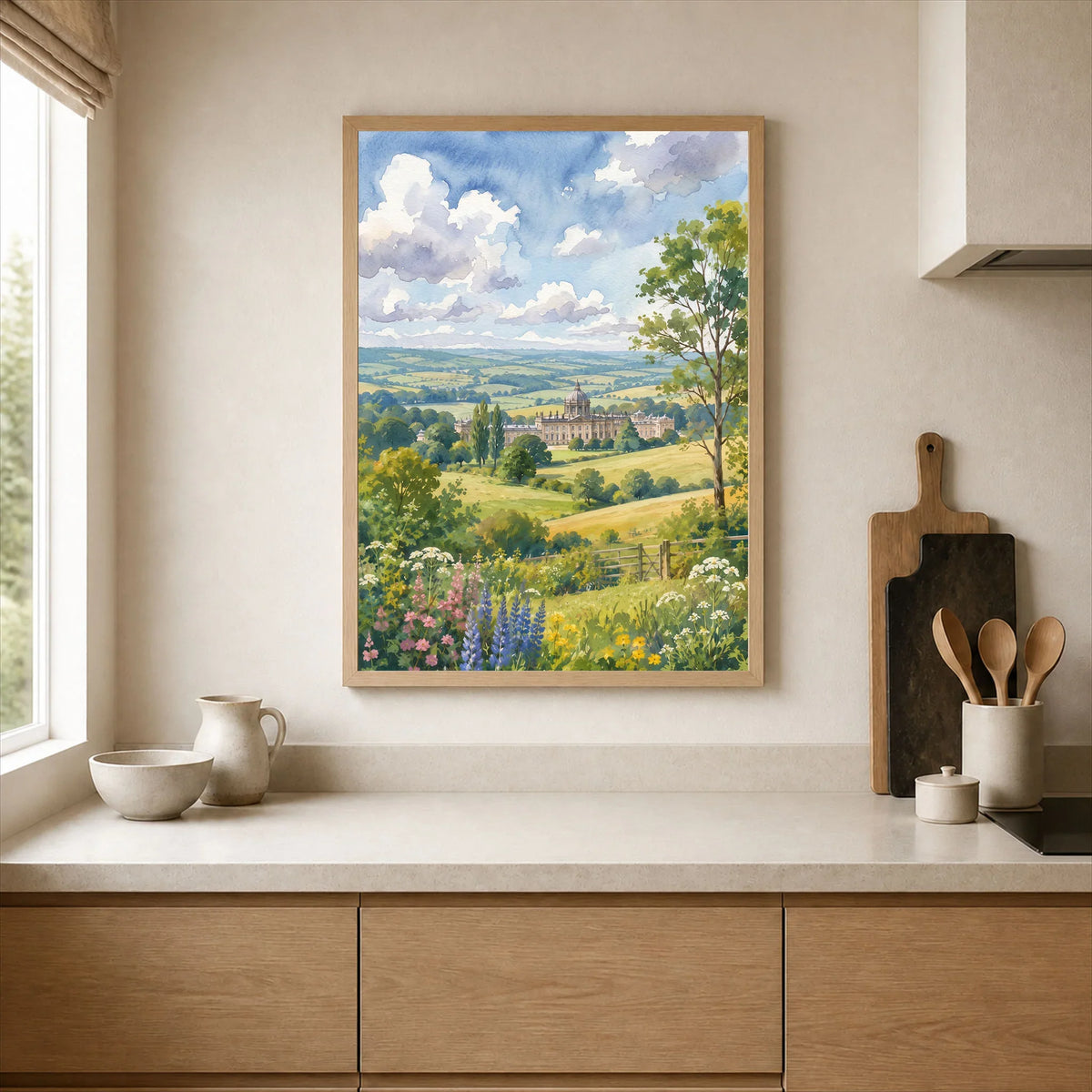 Howardian Hills Castle Howard parkland watercolour art print framed print in a kitchen