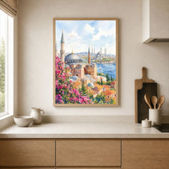 Istanbul Hagia Sophia and Blue Mosque watercolour art print framed print in a kitchen