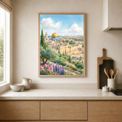 Jerusalem Dome of the Rock and Old City walls watercolour art print framed print in a kitchen