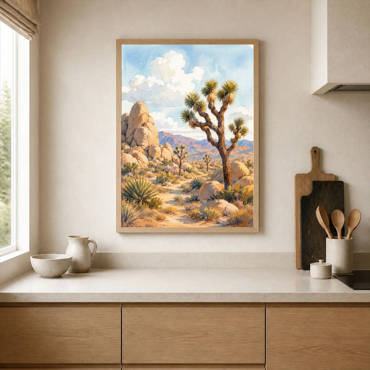 Joshua Tree National Park Joshua trees and granite boulders watercolour art print framed print in a kitchen